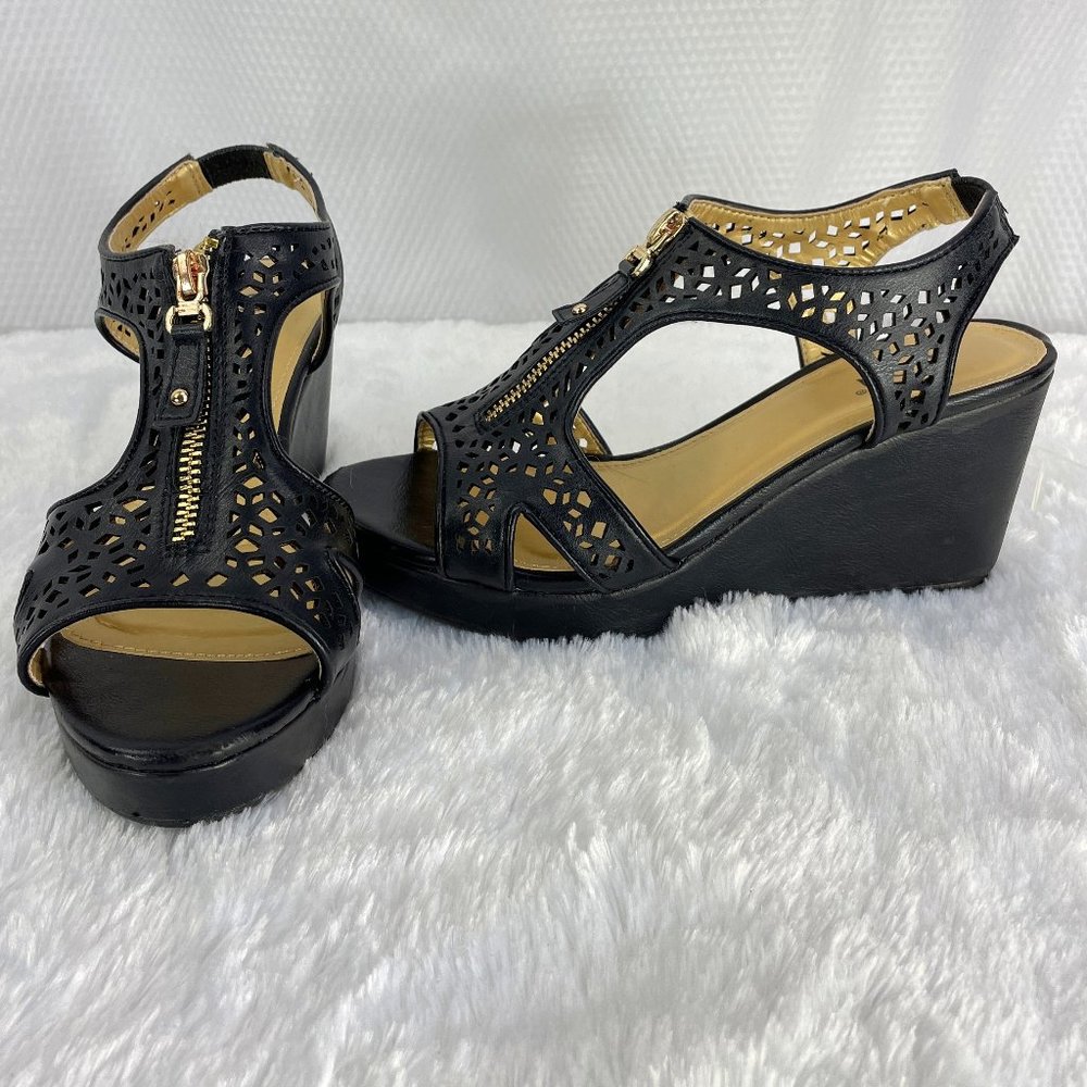 DIBA "NALAII' black platform wedge sandal laser cut faux leather - SZ 5.5